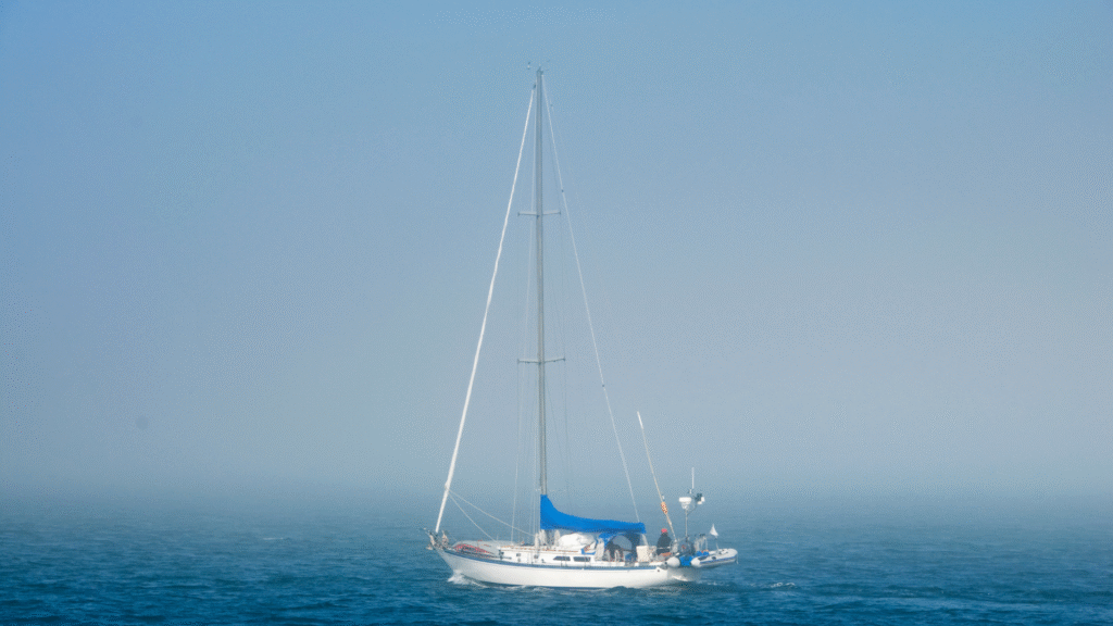 A sailboat emerging through fog on open water — symbolizing the journey through uncertainty toward clarity.