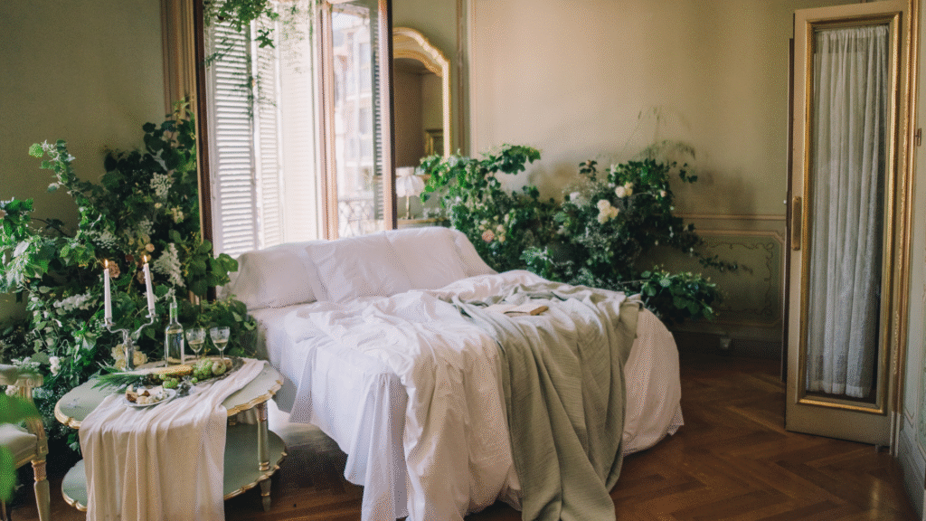 A cozy, greenery-filled bedroom sanctuary — representing the safety and sacred space created in a session.  hypnotherapy for trauma healing
